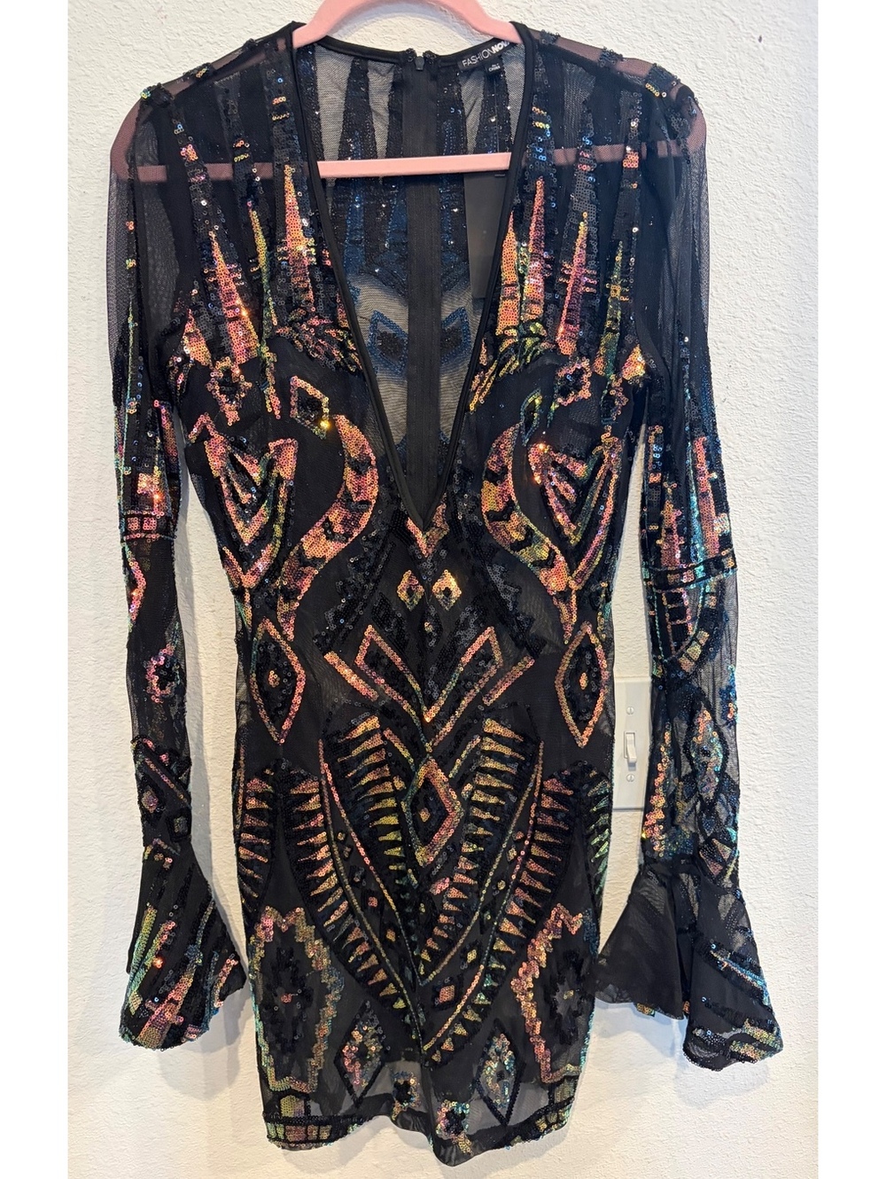 Fashion Nova Total Stand Out Sequin Mini Dress Black Multicolor Size L NWT